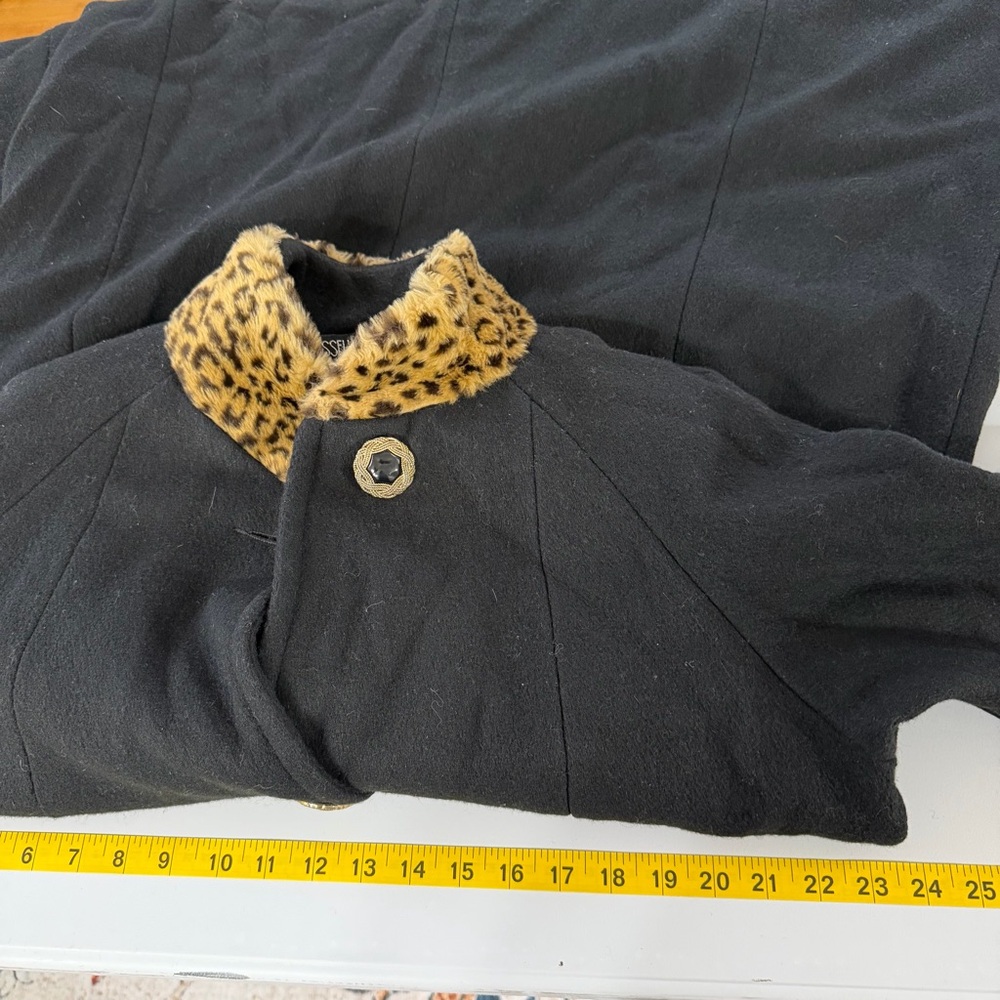 Russell Scott Vintage Coat Black Wool Blend Leopard Trim Long Elegant USA - Picture 11 of 14